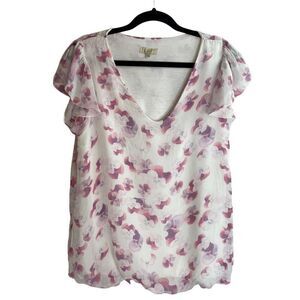 Giusy Italy 100% Silk Floral Fluttered Sleeve Chiffon Overlay Blouse Size M